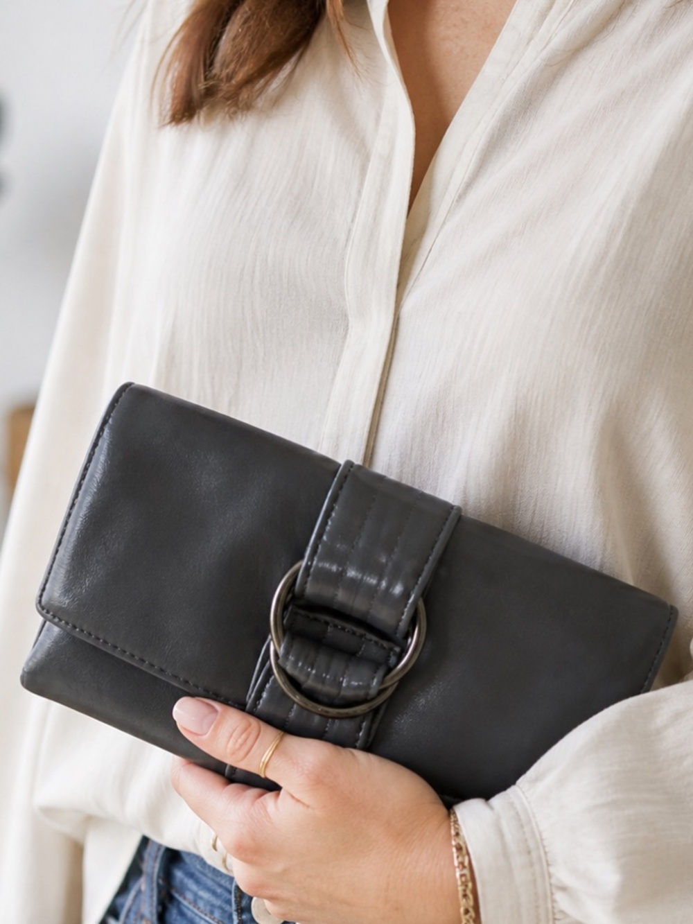 HOBO Gray Leather Clutch Wallet w/ Signature Double Ring Detail